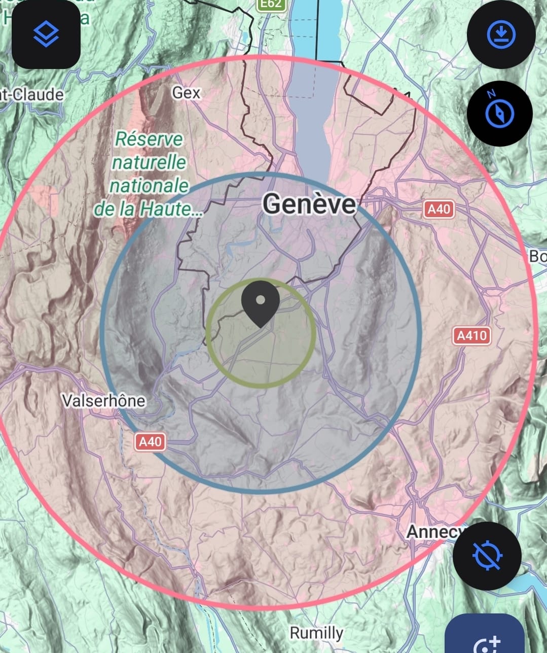 Carte des trois zones de déplacement de L’Âme des lieux autour de Viry